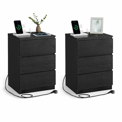 VASAGLE Bedside Table, Set of 2, Side Table, 3 Drawers, Beveled Edge, 2 AC Outlets, 2 USB Ports, Living Room, Bedroom, Study Room, Modern, Ebony Black LET831B56
