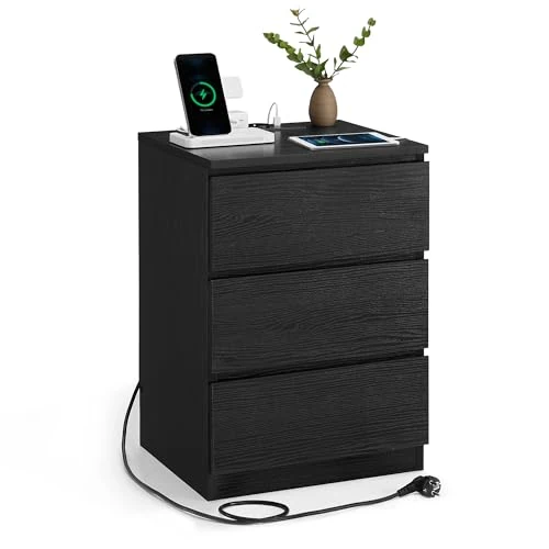 Offerta a tempo: VASAGLE KAILYN Collezione - Comodino con Stazione di Ricarica, con 3 Cassetti, 2 Prese AC 2 Porte USB, per Soggiorno, Camera da Letto, Studio, Nero Ebano LET631B56 - 15% da 69.99 € a 59.49 €