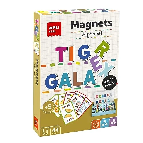 APLI Kids 19443 - Gioco magnetico alfabeto con lavagna e schede per imparare a scrivere fino a 30 parole in 2 lingue. per bambini di età compresa tra 5 anni e oltre. Inglese/Spagnolo.