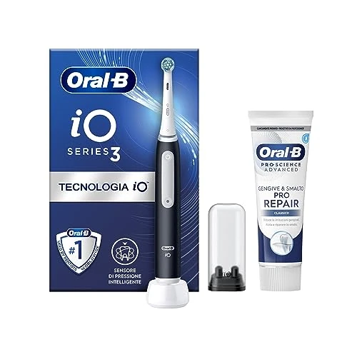 Oral-B Elektrische Zahnbürste, wiederaufladbar, iO 3N Schwarz, 1 Ersatzbürste, 1 Zahnbürste + 1 Zahnfleischzahnpasta & Nagellack Pro-Repair klassisch, 75 ml