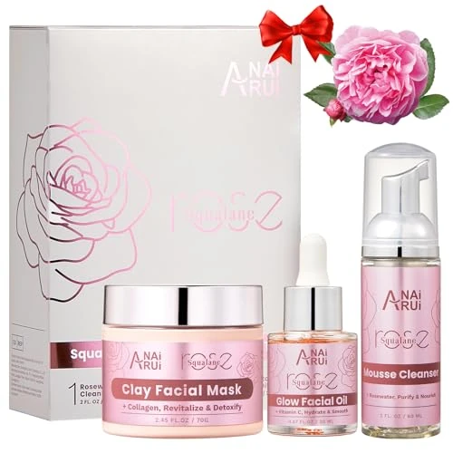 ANAiRUi Set voor de cura della schil van viso - Maschera all'argilla roze, olio per il viso alla vitamina C, detergente schiumoso all'acqua di rose, set regal per la festa della mamma