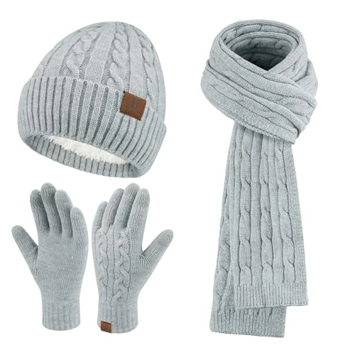 Offre limitee: Femme Hiver Bonnet Chapeau Écharpe Écran Tactile Gants Ensemble Chaud Tricot Polaire Doublé Casquette Foulard Gant Cadeaux de Noël Anniversaire pour Femmes de 36.99 EUR a 28.36 EUR (economie 23%)