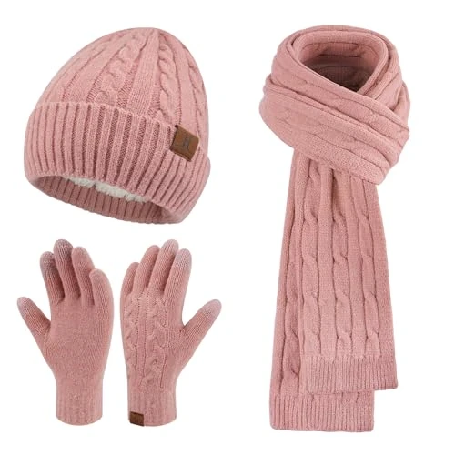 Offre limitee: Femme Hiver Bonnet Chapeau Écharpe Écran Tactile Gants Ensemble Chaud Tricot Polaire Doublé Casquette Foulard Gant Cadeaux de Noël Anniversaire pour Femmes de 36.99 EUR a 28.36 EUR (economie 23%)