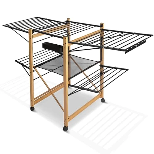 Offre limitée : vounot® Séchoir à Linge Deluxe Grande Capacité avec roulettes et Maille Etendoir Extensible Pliable Multifonction Imitation Bois 30m de Séchage pour Usage Intérieur 180x105x61cm Noir de 69.18 € à 61.99 € (10% de remise)