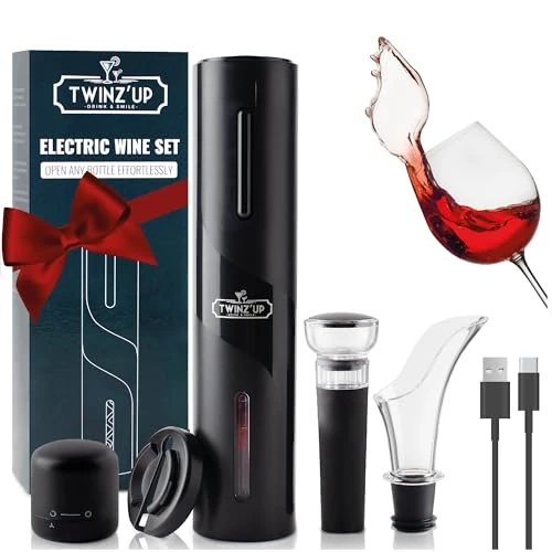 6 in 1 USB Rechargeable Electric Wine Corkscrew with Capsule Cutter, Pourer, Aerator, Vacuum Stopper and USB Cable - Gift for Men, Parties, Dates and Wine Lovers