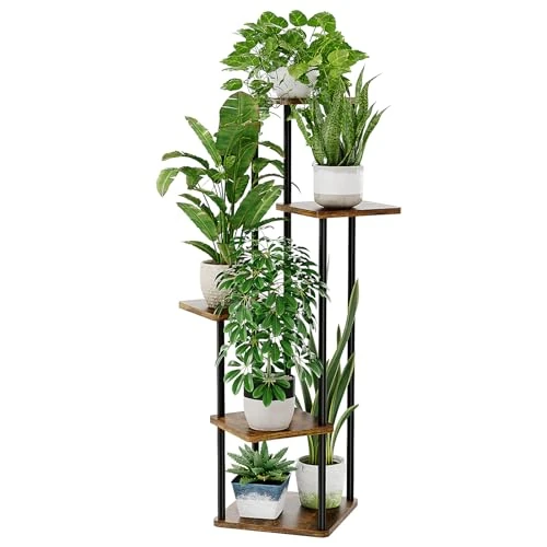 Bamworld Plant Stand Indoor Plant Shelf Outdoor Wood Plant Rack for Multiple Plants 5 Tiers Ladder Plant Holder for Living Room Patio Boho Home Decor for Gardening