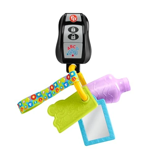 Fisher-Price Laugh & Learn Baby Musical Toy Play & Go Activity Keys with Teether & Mirror for Ages 6+ Months, English, UK+French+German Version, HXF50