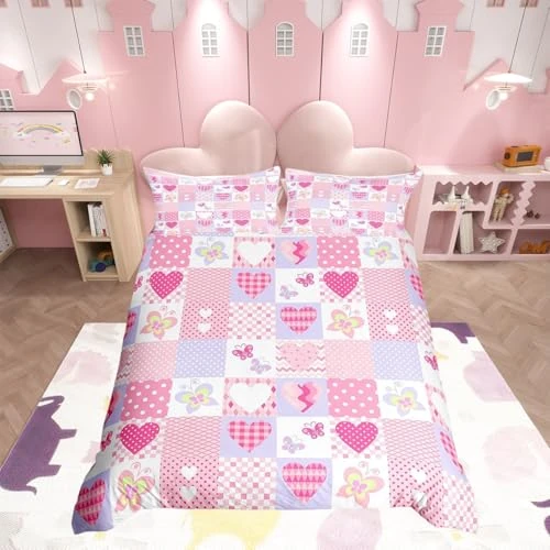 Loussiesd Girls Bedding Set and Pillow Set 200X200cm Pink Hearts and Butterflies Patchwork for Kdis Girls Duvet Cover Geometric Design Cot Bed Duvet Double Size with 2 Pillowcase
