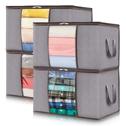Lifewit 50L Clothes Storage Bags Large Storage Box With Lid Packing Boxes for Moving House With Reinforced Handle Thick Fabric Clear Window for Clothes Duvet Blankets Bedding, 4 Pack, Light Grey
