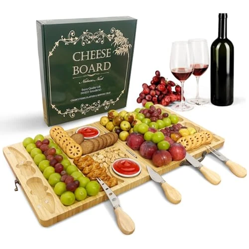 Charcuterie Board - Assiettes de service portables - Grand plateau en bambou et 2 petits bols - 4 couverts - Pour anniversaire, Noël, mariage, pendaison de crémaillère - Taille M