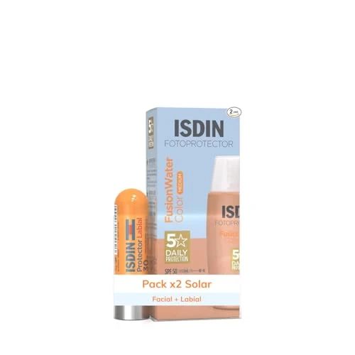 ISDIN Pack FusionWater Color Medium LSF 50, ultraleichte, getönte Sonnencreme für das Gesicht Wirkung und Wasserformel, 50 ml und Lippenbalsam mit LSF 30, repariert und mit Feuchtigkeit versorgt