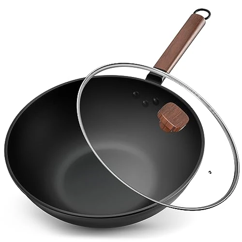 Jobin 33 cm/5,6L Wok stal węglowa z pokrywką - bez powłoki chemicznej - gotowanie dań azjatyckich dla 4-6 osób - nadaje się do indukcji/elektryczne/ gazowego/wszystkich kuchenek
