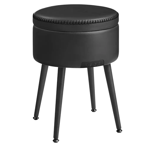 VASAGLE EKHO Collection - Stool, Storage Bench, Faux Leather, Stitching, Mid-Century Style, Modern, Round, Steel Legs, Holds up to 150 kg, Ink Black, LOM005B01