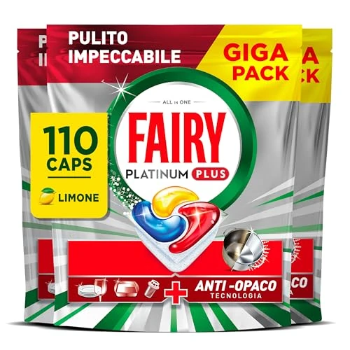 Fairy Platinum vaatwastabs Plus, glansspoeler, 110 capsules, vaatwasser, citroen, anti-matte technologie met glanssspoeling, tegen vet en hardnekkige korstvorming