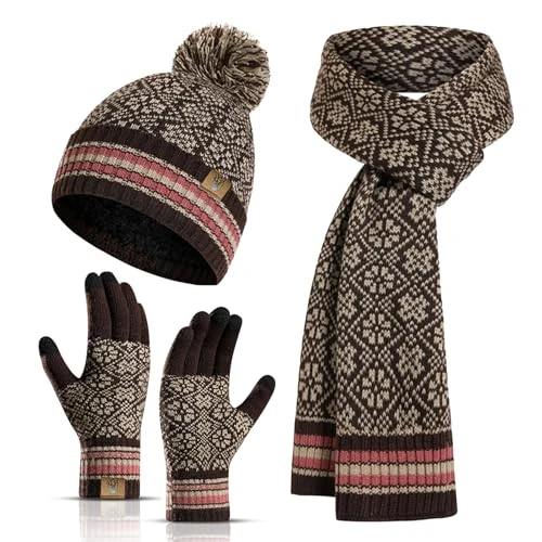 Limited-time offer: INSISMY Hat Scarf Gloves Set Women's Beanie Hat Long Scarf Thermal Touch Screen Gloves Set 3 PCS Soft Warm Winter Knitted Snowflake Pattern Retro Pom Cap Set for Ladies Men from 29.99 GBP to 29.99 GBP (save 0%)
