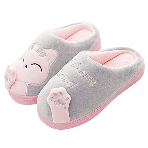 Meik Mangni Women Men Winter Slippers Cute Cat Slippers Indoor Fluffy Memory Foam Slip-on House Slipper Anti-Slip Shoes for Unisex Novelty Christmas Warm Slipper,Grey,UK Size 6