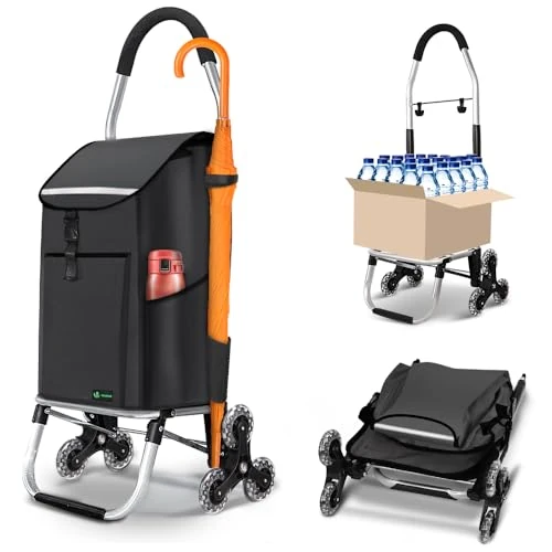 Limited-time offer: VOUNOT® Folding Shopping Trolley on 6 Wheels, Aluminium Lightweight Shopping Cart with Insulated Cooling Bag, 2 Hooks, 2 Side Pockets, Stair Climbing Grocery Trolley, 58L Black from 29.99 GBP to 29.99 GBP (save 0%)