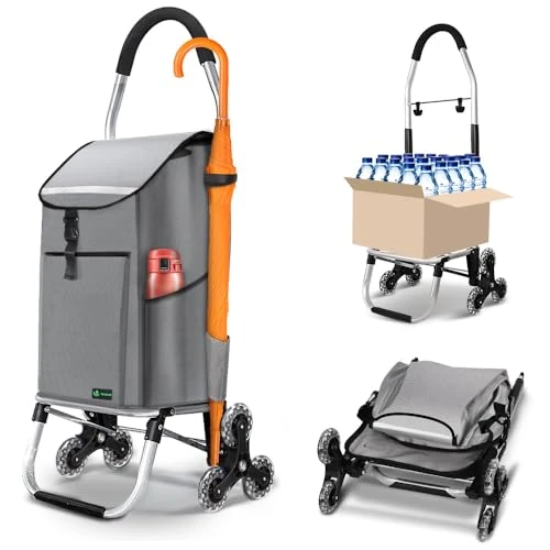 Limited offer: VOUNOT Folding Shopping Trolley on 6 Wheels, Aluminium Lightweight Shopping Cart with Insulated Cooling Bag, 2 Hooks, 2 Side Pockets, Stair Climbing Grocery Trolley, 45L Grey from 45.99 EUR to 29.29 EUR (save 36%)