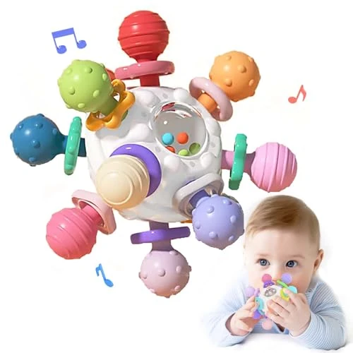 Beißspielzeug Baby ab 3 Monate, Sensorik Rassel Greifball Babyspielzeug aus Silikon, Montessori Motorikspielzeug Baby Geschenk ab 0 6 9 Monate 1 jahr (Weiß)