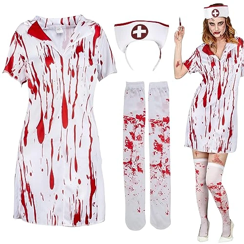 BOFUNX Zombie Halloween zombie verpleegsterkostuum zombie verpleegster Halloween jurk verpleegster zombie voor Halloween carnaval cosplay dames meisjes volwassenen