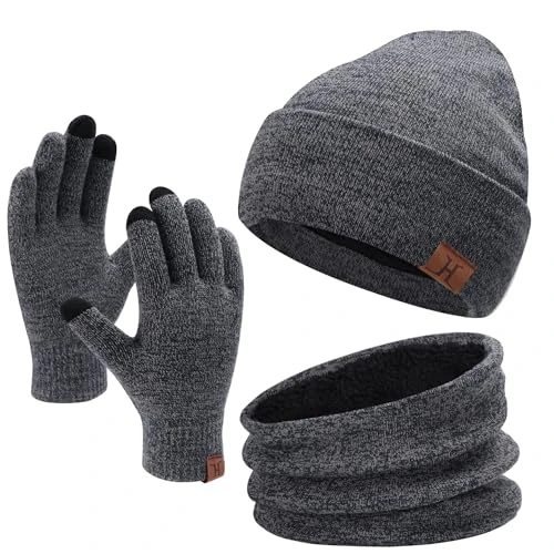 Winter Warm Mütze Loop Schal und Touchscreen Handschuhe Set für Herren und Damen, Wintermütze Strickmütze Beanie Schlauchschal Winterhandschuhe Strickhandschuhe mit Fleece Gefütterte, Marineblau