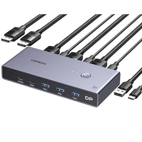 UGREEN Switch KVM Displayport 8K 60Hz 2 Entradas 1 Salida 1.4 4K 240Hz 1 Puerto Tipo C 3 Puertos USB A para Teclado Ratón Disco Duro Impresora Monitor con Controlador y 2 Cables DP 1M