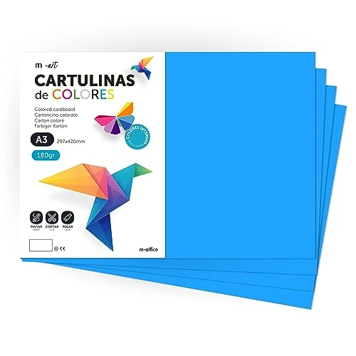 Offerta a tempo: Cartulina de Colores, Cartulina A3, Folios Colores 180gr, Bloc cartulina colores intensos, Ideal para Manualidades, Imprimir tus Documentos y Diseños Creativos · m-office (100 Hojas, Azul Medio) - 0.00% da 16.05 € a 16.05 €