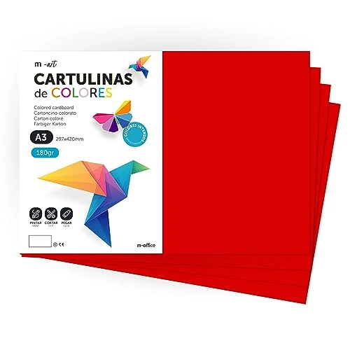 Offerta a tempo: Cartulina de Colores, Cartulina A3, Folios Colores 180gr, Bloc cartulina colores intensos, Ideal para Manualidades, Imprimir tus Documentos y Diseños Creativos · m-office (25 Hojas, Rojo Oscuro) - 48% da 12.95 € a 6.70 €