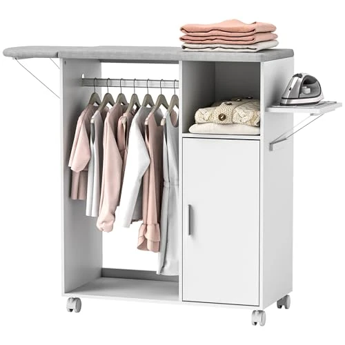 Offre limitée : HOMCOM Armoire pour Table à Repasser en aggloméré et éponge avec étagère en Tissu Effet Lin, 3 étagères cubiques et Rail de Suspension, 127x42.5x99 cm, Blanc de 151.95 EUR à 130.95 EUR (remise 14%)