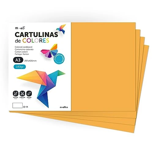 Cartulina de Colores, Cartulina A3, Folios Colores 180 g, Bloc cartulina colours intensos, Ideal para Manualidades, Imprimir tus Documentos y Diseños Creativos · m-office (200 Hojas, Amarillo Oro)