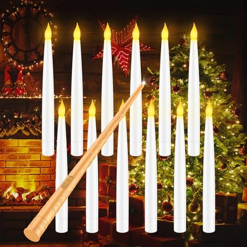 Coovee Flameless LED Candle with Magic Wand Remote Control, Pack of 12 Floating LED Candles, Battery Operated Candle, Warm Light Flickering Taper Candle for Family, Wedding, Party Decoration