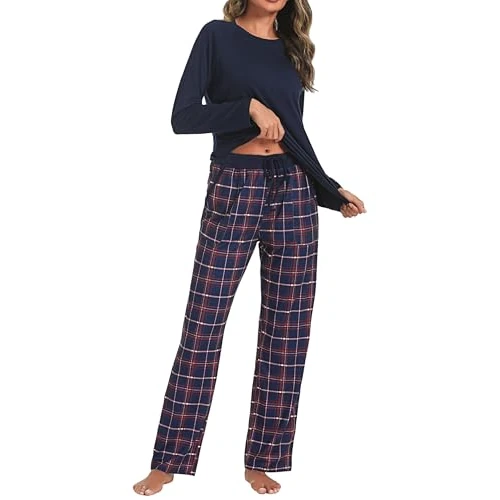 Begrenztes Angebot: Uniexcosm Schlafanzug Damen Baumwolle Pyjama Set Lang Zweiteiliger Nachtwäsche Raglanärmel Sleepwear und Karierte Pyjamahose Hausanzug Freizeitanzug von 20.39 EUR auf 20.39 EUR (Rabatt 0%)