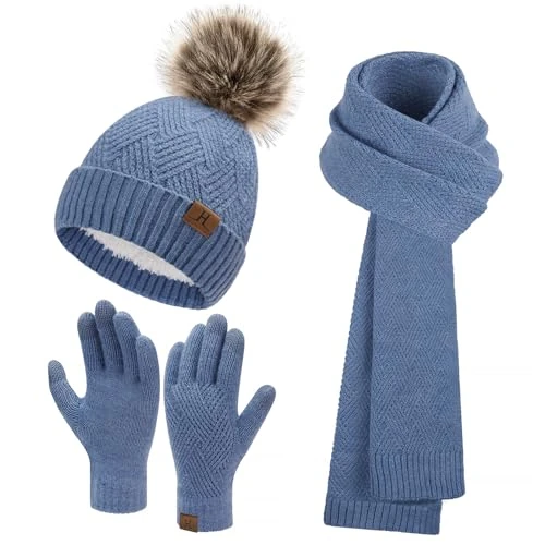 Femmes Hiver Chaud Bonnet Pompon Longue Echarpe Gants Tactiles Ensemble Tricot avec Doublure Polaire Thermique Cadeaux Noel Femme