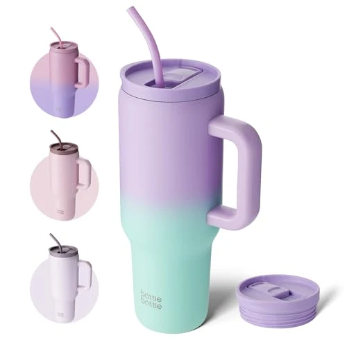 Bottlebottle Bottlebottle 1,1L (40oz) koffiebeker van roestvrij staal met handvat en rietje, BPA-vrij, geïsoleerde thermosbeker voor reizen, kantoor, universiteit en sport, cadeauidee (Lila Groen)