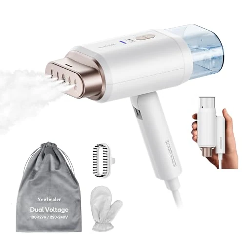 Newbealer Plancha Vertical Vapor, Plancha de Ropa Portátil Doble Voltaje 100V-240V para Viaje, 20s Calentamiento Rápido y Autoapagado, Tanque de Agua Removible de 180 ml