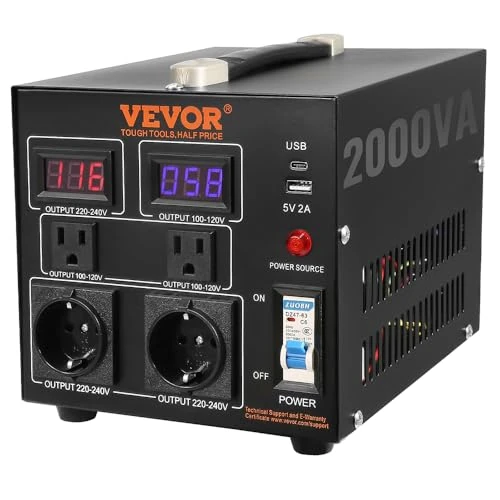 Offerta a tempo: VEVOR Convertitore di Tensione Step Up/Down Portatile 110V-220V / 220V-110V Potenza da 2000VA, Trasformatore di Tensione 2000VA Portatile 240x185x200 mm 4 Spine, Convertitore di Tensione 2000VA USB 5V - 3% da 62.90 € a 60.90 €