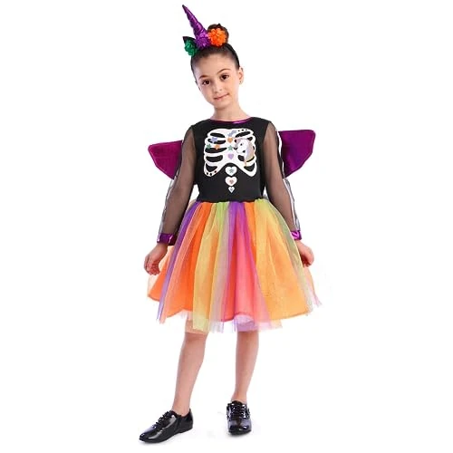 Oferta limitada: Sincere Party Traje de bruja con esqueleto de unicornio, vestido de unicornio vestido de lujo con esqueleto, vestido de halloween, chica con traje de bruja 5-6 años de 29.99 € a 22.99 € (ahorro 23.34%)