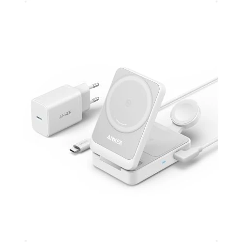 Anker MagGo Cargador Inalámbrico iphone 3 en 1, Soporte de Carga 15 W Certificado Qi2, iPhone 15/14/13, AirPods, Apple Watch 9 (Enchufe Incluido)