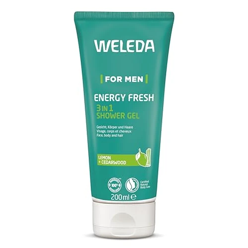 WELEDA Bio For Men 3 en 1 Gel de ducha y champú Energy Fresh – Natural kosmetik hombres jabón de ducha y cuidado del cabello con aroma a limón y cedro. Gel de ducha para la limpieza de cara, cuerpo y