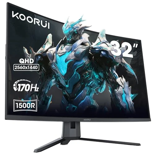 KOORUI Curved 31.5-Inch Gaming Monitor, QHD (2560 x 1440), 1500R, VA, 170Hz, 2xHDMI (170HZ or 144HZ), DP (170Hz) AdaptiveSync, DCI-P3 90%, VESA 75 x 75 mm, Eye Care, Wide Angle View 178 °