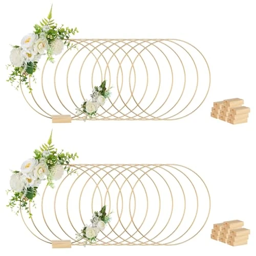 NUPTIO Floral Hoops Centrepieces with Stand: 20 Pcs 30cm Gold Metal Wire Hoop Floral Ring Wreath Large Macrame Round Circle Small Hula Hoops for Craft Wedding Table Centrepiece Decor
