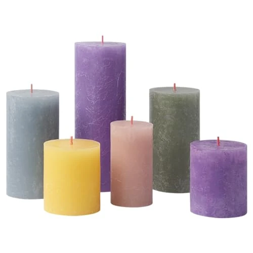 Bolsius - Juego de 6 velas rústicas de pilar – Memphis – Velas decorativas para el hogar – Tiempo de combustión – sin perfume – Cera vegetal natural – sin aceite de palma