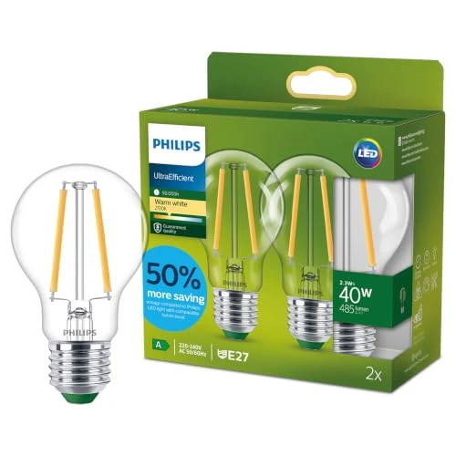 Offerta a tempo: PHILIPS Ultra Efficient - Ultra energy saving lights, E27 LED light source, 40W, A60, warm white, pack of 2, clear - 38% da 15.99 € a 9.86 €