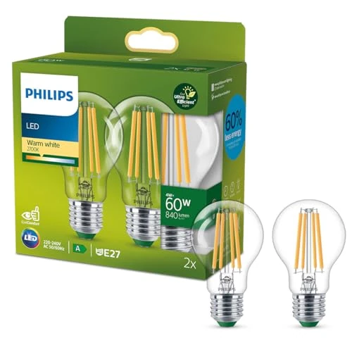 Philips Lighting Bombilla LED Ultraeficiente Filamento, 4 W Equivalente a 60 W, E27 A60, Luz Cálida 2700K, Eficiencia Energética A, Pack de 2 unidades