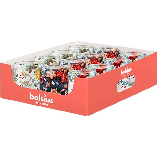 Bolsius - Scented Candles in Glass with Print - 12-Pack - 23 Burning Hours - Various Fragrances - Christmas Decoration - Palm Oil Free