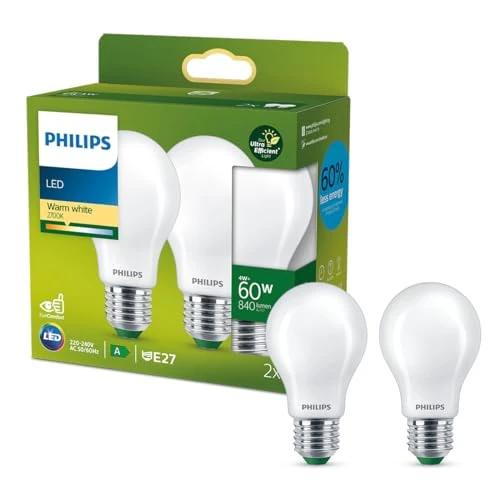 Offerta a tempo: Philips LED Lampadina a Goccia Smerigliata Classe A Ultra Efficent, 2 Pezzi, 60W, E27, Luce Bianca Calda - 34% da 17.99 € a 11.87 €