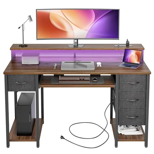 Offerta a tempo: BEXEVUE Scrivania Moderna LED con Ciabatta - 120x50cm Scrivania Gaming Tavolo Computer con Supporto Monitor Vassoio per Tastiera, 4 Cassetti Reversibili, Grande Spazio Studio Gioco Lavoro Casa Ufficio - 21% da 139.99 € a 109.99 €