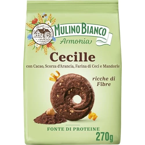 Mulino Bianco Cecilias, biscuits Frollini sans lait et œufs avec cacao, zeste d'orange, farine de pois chiches et amandes, riche en fibres, source de protéines, paquet de 270 g