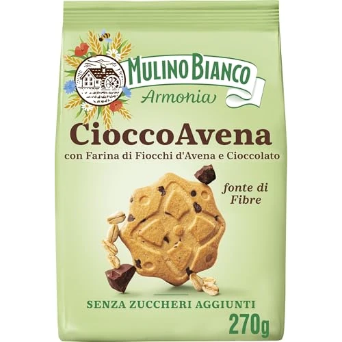 Mulino Bianco Biscuits au chocolat sans sucre ajoutés avec flocons d'avoine, chocolat et mortitol, source de fibres, biscuits sans sucre, moulin à harmonie, paquet de 270 g
