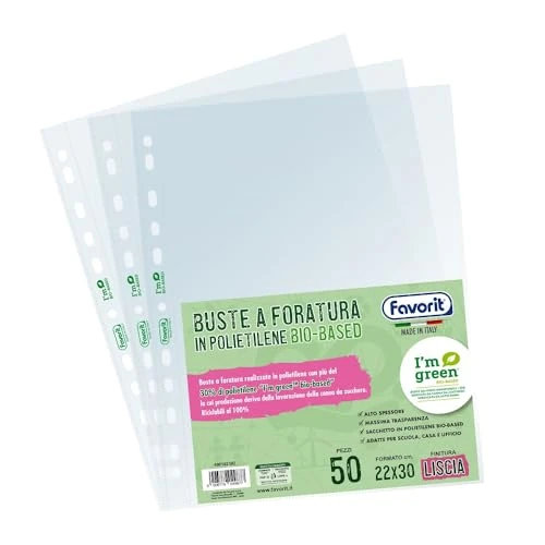 Offerta a tempo: Favorit, Buste Perforate A4, 50 pezzi, 22 x 30 cm, Lisce e Trasparenti con Almeno il 30% di Polietilene Bio-Based, Alto Spessore - 0.00% da 10.12 € a 10.12 €